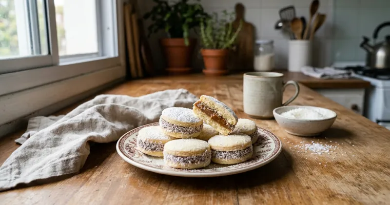 Alfajores de maicena — Alfajores de maicena que se deshacen en la boca, rellenos de dulce de leche y pasados por coco rallado.