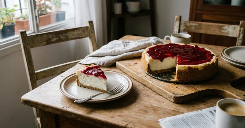 Cheesecake horneado — Cheesecake cremoso al horno, con base de galletitas y cobertura de frutos rojos.