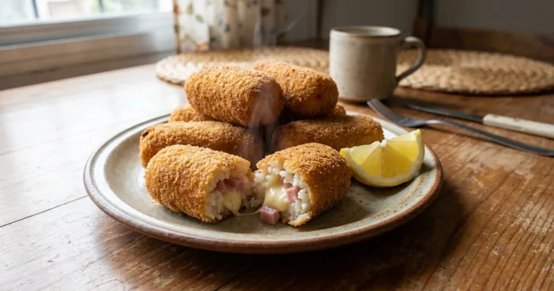 Croquetas de arroz — Croquetas crocantes por fuera, con arroz, queso y jamón por dentro: una buena forma de aprovechar arroz que sobró.
