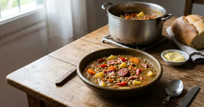 Guiso de lentejas — Guiso espeso de lentejas con verduras y panceta, para el frío, en una sola olla.