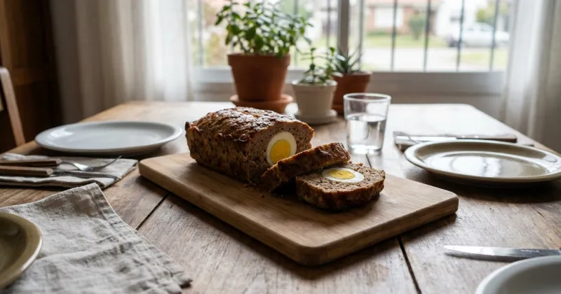 Pan de carne — Pan de carne jugoso con huevos duros en el centro, el clásico de domingo para comer frío o caliente.
