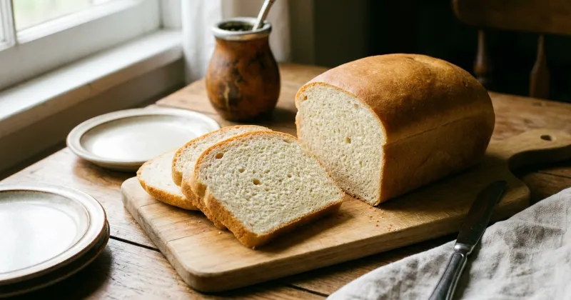 Pan de molde sin gluten — Pan de molde de miga húmeda que se corta en rebanadas, con premezcla de tres harinas y goma xántica. No se amasa: es una masa de vuelco que leva y se hornea en el molde.