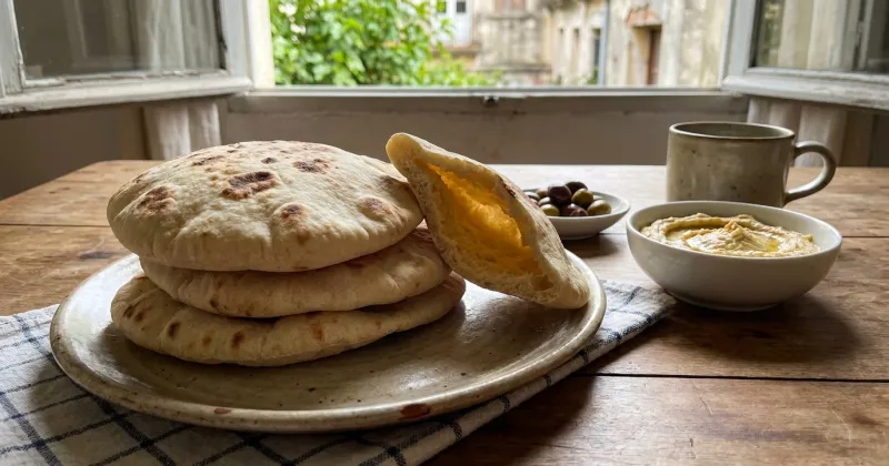 Pan de pita — Pan de pita casero que infla con su bolsillo característico, listo para rellenar con lo que quieras.