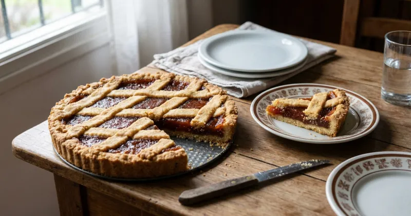 Pastafrola de membrillo — Pastafrola de masa arenosa con dulce de membrillo y el enrejado clásico arriba.
