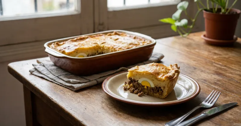 Pastel de carne — Pastel de carne picada con puré arriba, gratinado con queso: la comida casera de todos los días.