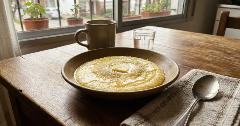 Polenta cremosa — Polenta cremosa con queso y manteca, lista en 20 minutos, para acompañar guisos o comer con salsa.