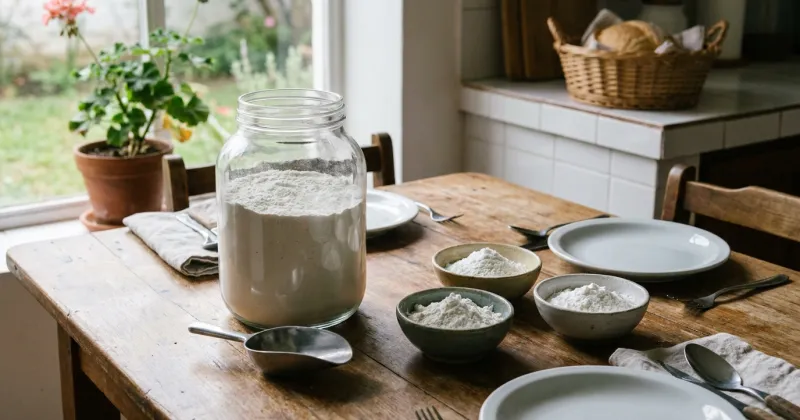 Premezcla sin gluten casera (3 harinas) — La mezcla 60/20/20 que reemplaza a la harina común: 60 % de harina de arroz, 20 % de fécula de mandioca y 20 % de almidón de maíz. Es la base de casi todo lo que se hornea sin gluten.