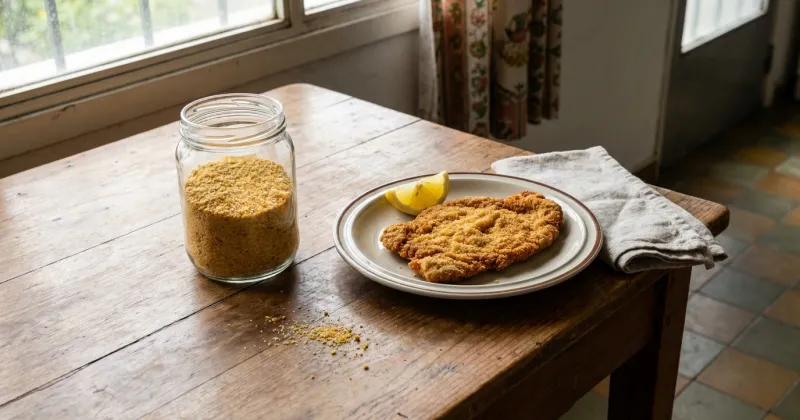 Rebozador casero sin gluten — Polenta molida fina en el robot: el reemplazo del pan rallado para milanesas, croquetas y pan de carne. Treinta segundos y medio kilo listo en el frasco.