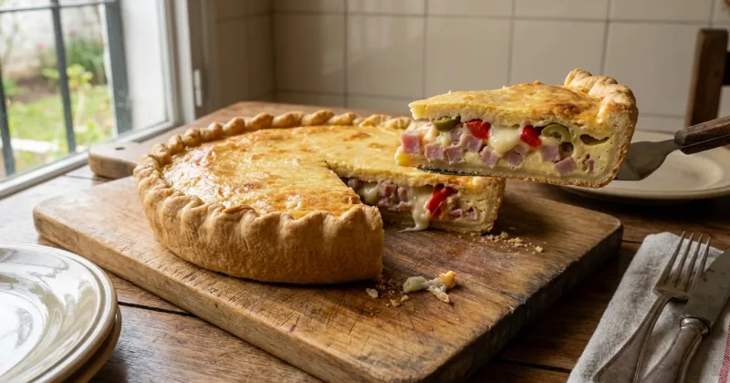 Torta de fiambre — Torta de fiambre con tapas de masa, como una tarta de atún pero con jamón, queso y verduras: para una picada o de plato principal.