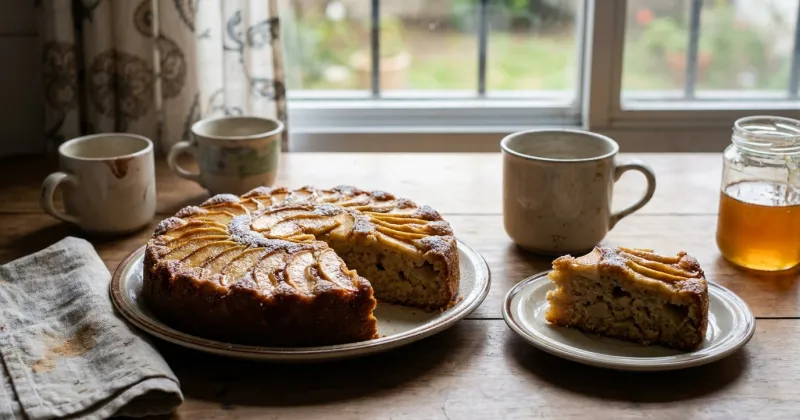 Torta de manzana — Torta húmeda con manzanas en trozos adentro y en abanico arriba, con aroma a canela.