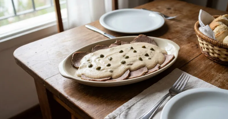 Vitel toné — El clásico de las fiestas: peceto frío en finas fetas, cubierto con salsa cremosa de atún y alcaparras.